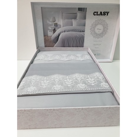 Lenjerie de pat Mona bumbac satinat dublu albastru deschis cu broderie delicată