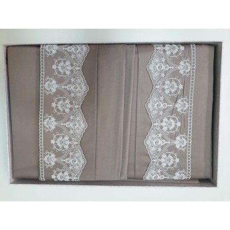 Lenjerie de pat Mona bumbac satinat dublu gri cu broderie delicată