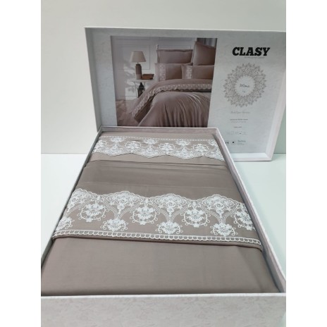 Lenjerie de pat Mona bumbac satinat dublu gri cu broderie delicată