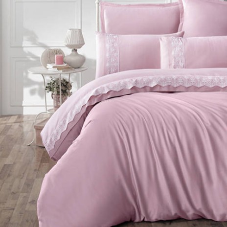 Lenjerie de pat Mona bumbac satinat dublu roz cu broderie delicată