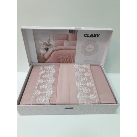 Lenjerie de pat Mona bumbac satinat dublu roz cu broderie delicată