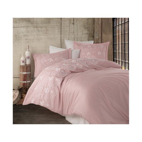 Lenjerie de pat roz Natura din satin de bumbac cu broderii albe și aplicații 3D, set Clasy