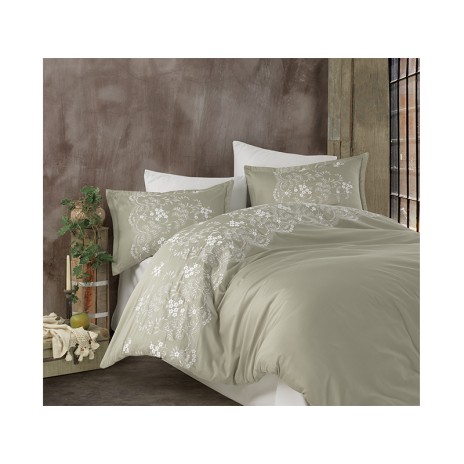 Lenjerie de pat verde Natura din satin de bumbac cu broderii albe și aplicații 3D, set Clasy