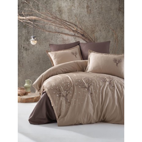 Lenjerie de pat bumbac 100% satinat Clasy Zeplin, maro-crem, broderie copaci și flori, 6 piese