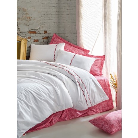 Lenjerie de pat din bumbac ranforce alb-coral Coco Coral de la Cotton Box