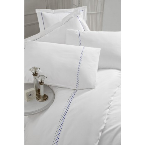lenjerie de pat bumbac poplin, alb-albastru Dante, set lenjerie pat Cotton Box, design minimalist broderii discrete