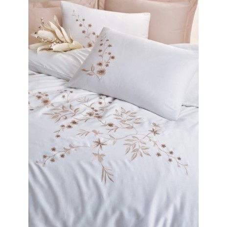 Lenjerie de pat Cotton Box Della Beige cu broderie și aplicații 3D alb și bej, bumbac satinat, 6 piese
