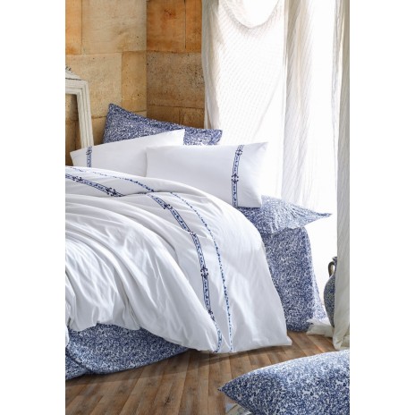 Lenjerie de pat din bumbac ranforce alb-albastru Delmor Dark Blue de la Cotton Box