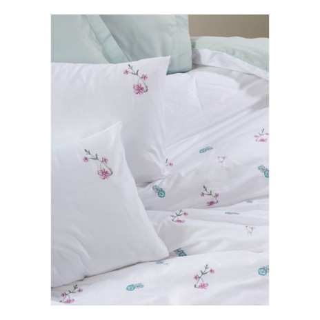 Lenjerie de pat brodată flori alb și mentă din bumbac satinat Cotton Box, model Ella Mint, set complet