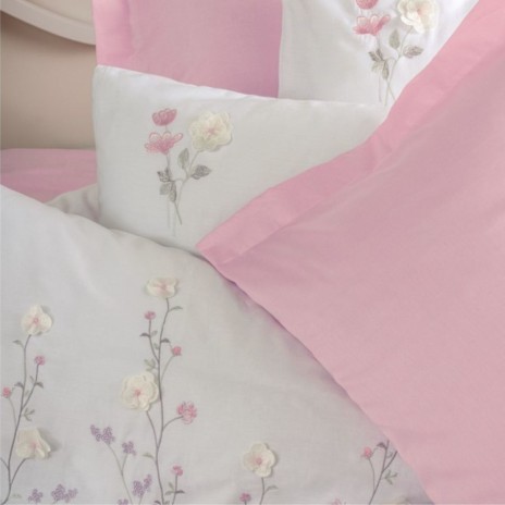 Lenjerie de pat roz și alb, broderii florale, 100% bumbac satinat, set 6 piese.