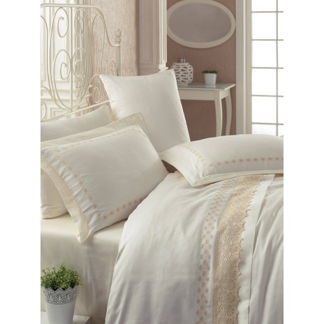 Lenjerie de pat Lace Ecru din satin ecru cu broderie și dantelă sofisticată, set Cotton Box