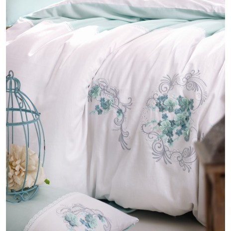Lenjerie de pat Lena Mint alb și mentă cu broderii și aplicații 3D din bumbac satinat Cotton Box
