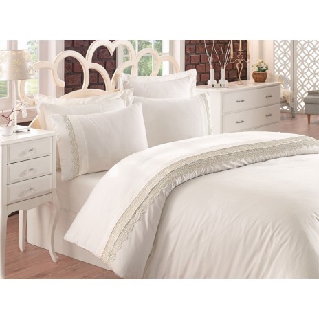 Lenjerie de pat din bumbac 100% satinat cu broderii delicate și aplicații 3D în nuanțe de ecru, 6 piese, Cotton Box