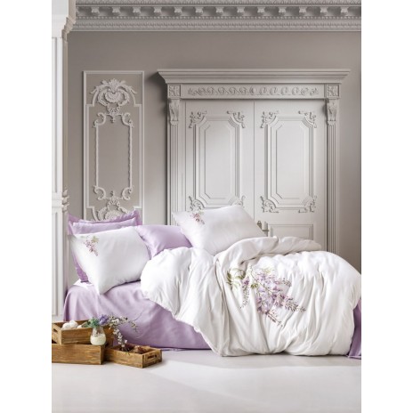Lenjerie de pat Cotton Box Mita Lilac cu flori brodate alb și lila, bumbac satinat, 6 piese