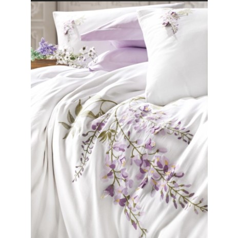 Lenjerie de pat Cotton Box Mita Lilac cu flori brodate alb și lila, bumbac satinat, 6 piese