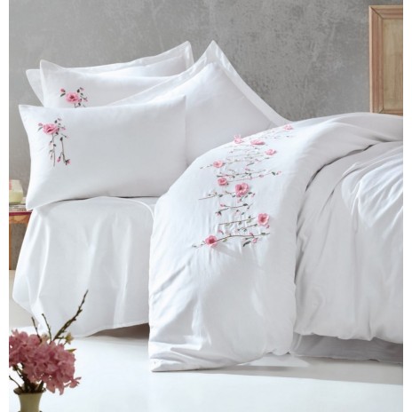 Lenjerie de pat albă din bumbac satin cu broderie florală roz