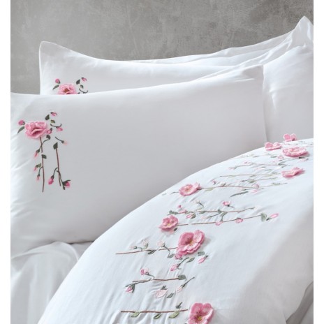 Lenjerie de pat albă din bumbac satin cu broderie florală roz
