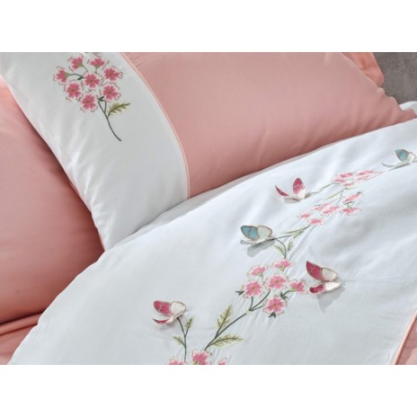 Lenjerie de pat din bumbac satin roz și alb cu broderie florală