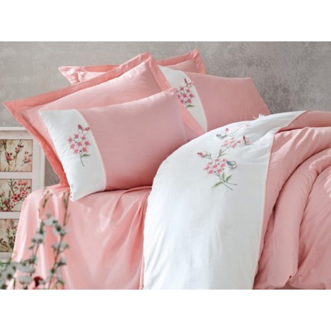 Lenjerie de pat din bumbac satin roz și alb cu broderie florală