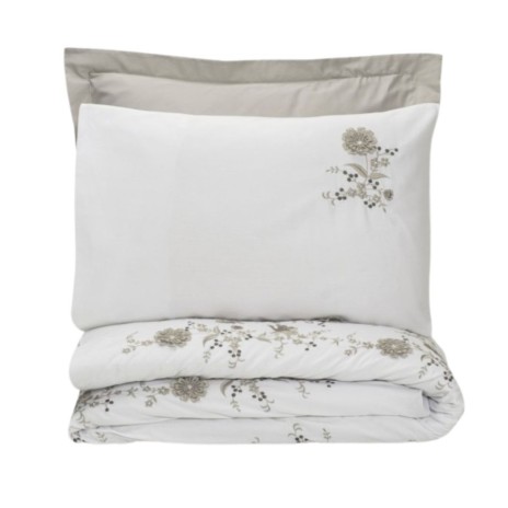 Set lenjerie de pat Cotton Box 3D Satin Brodat cu design floral alb