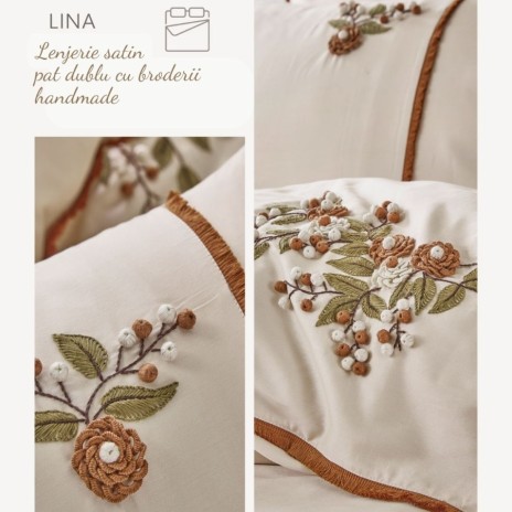 Lenjerie de pat premium satin de lux cu broderie hand made, Lina Beige