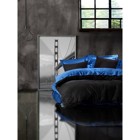 Lenjerie de pat din bumbac satinat albastru-negru Blue Black de la Cotton Box