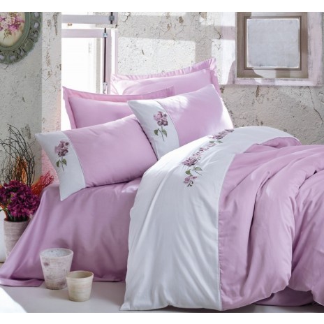 Lenjerie de pat Este Lilac lila și alb cu broderii și aplicații 3D din bumbac satinat Cotton Box