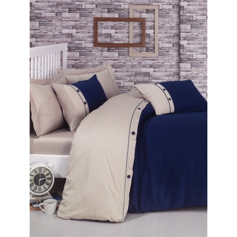 Lenjerie de pat Cotton Box din satin de lux, 6 piese, albastru închis, bej și maro, cu broderii discrete și elegante