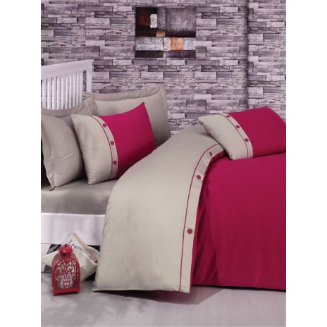 Lenjerie de pat Cotton Box din satin de lux, 4 piese, fuchsia și bej, cu broderii discrete și elegante