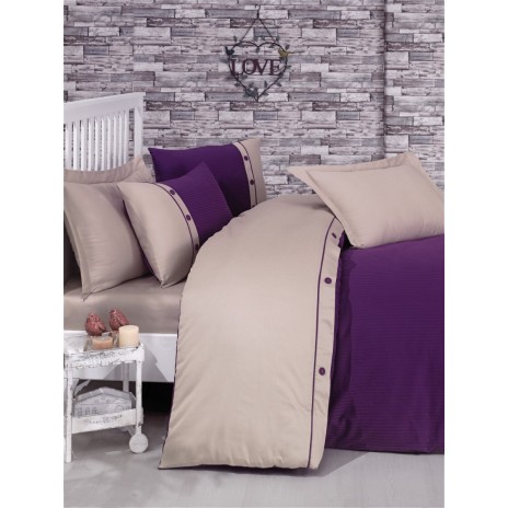 Lenjerie de pat Cotton Box din satin de lux, 4 piese, violet și bej, cu broderii discrete și elegante