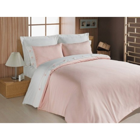 Lenjerie de pat Cotton Box din satin de lux, 6 piese, roz și alb, cu broderii discrete și elegante