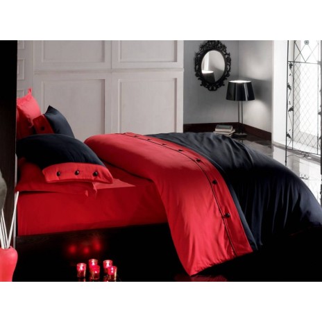 Lenjerie de pat Cotton Box din satin de lux, 6 piese, roșu și negru, cu broderii discrete și elegante