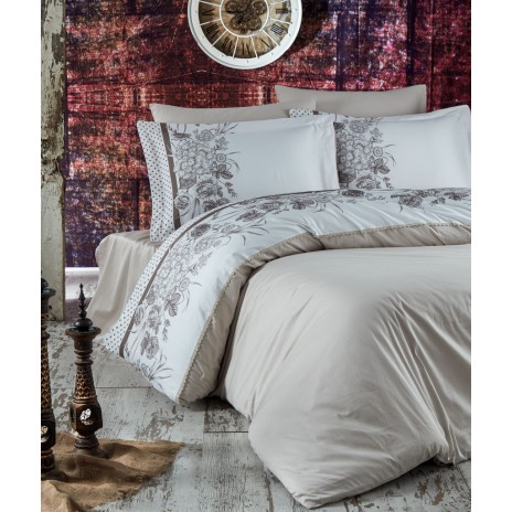 Lenjerie de pat Romance Juliette Bej cu broderie florală din bumbac satinat Marie Lou