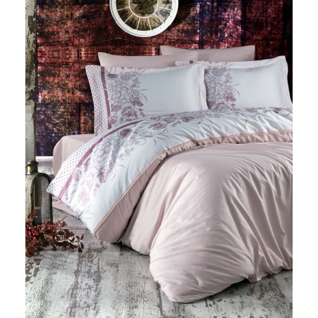 Lenjerie de pat Romance Juliette Pudră cu broderie florală din bumbac satinat Marie Lou