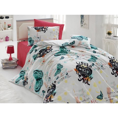 Lenjerie de pat Music cu fluturi și inscripții muzicale, culori turcoaz, negru și galben, bumbac 100%, set 4 piese