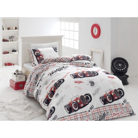 Lenjerie de pat Old Car cu mașini clasice și inscripții, culori alb, roșu și negru, bumbac 100%, set 4 piese ​