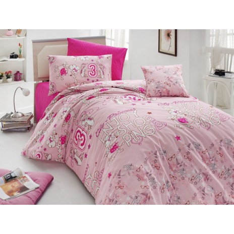 Lenjerie de pat 1 persoană roz cu design shopping și printese, ambalată în cutie elegantă