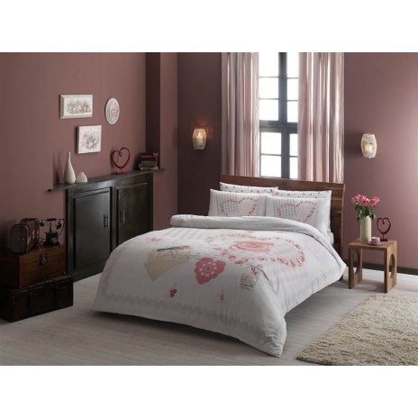 Lenjerie de pat Ranforce Alice Pembe cu design floral și inimioare în nuanțe de roz și alb