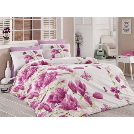 Lenjerie de pat Alize din bumbac ranforce cu design floral vibrant alb și mov
