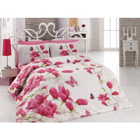 Lenjerie de pat Alize din bumbac ranforce cu design floral vibrant alb și roz