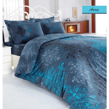 Lenjerie de pat Ranforce Bahar Aura V3 cu design floral albastru și gri