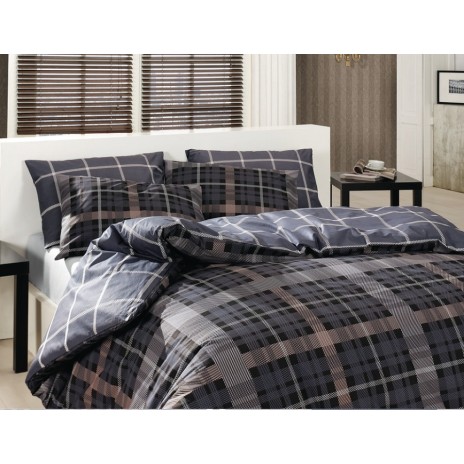 Lenjerie de pat Ranforce Bahar Checker V1 cu design modern cu carouri în nuanțe de negru, gri și maro.