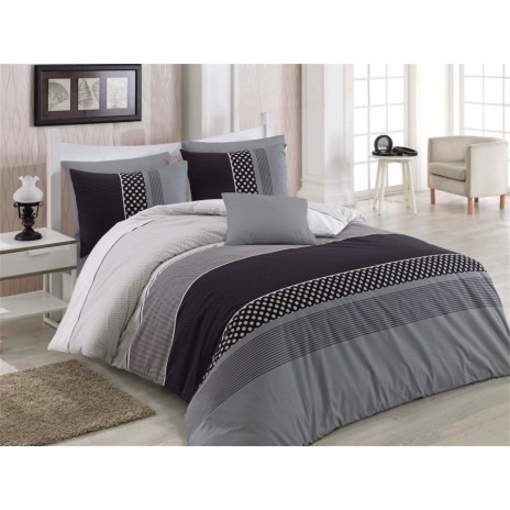 Lenjerie de pat Ranforce Bahar Eiffel V1 cu design modern în nuanțe de negru și gri decorată cu dungi și puncte geometrice