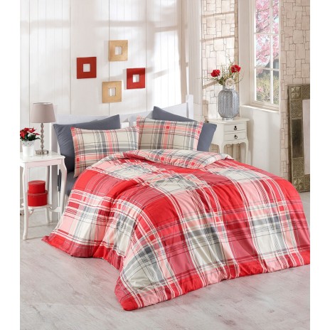 Lenjerie de pat Ranforce Bahar Home Alexia V1 cu design clasic în carouri mari roșii și gri pe fundal alb
