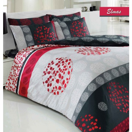 Lenjerie de pat ranforce Bahar Home Elmas v2 cu design modern, cercuri mari roșii cu motive vegetale și cercuri mici gri pe fundal alb, negru și gri