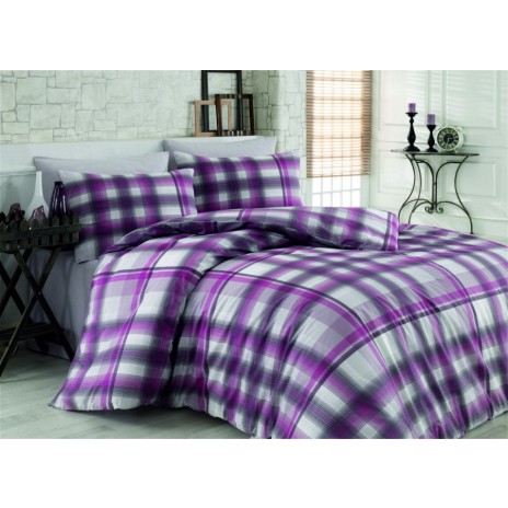 Lenjerie de pat ranforce Bahar Home Fantasia v3 cu design clasic în carouri mov, alb și gri
