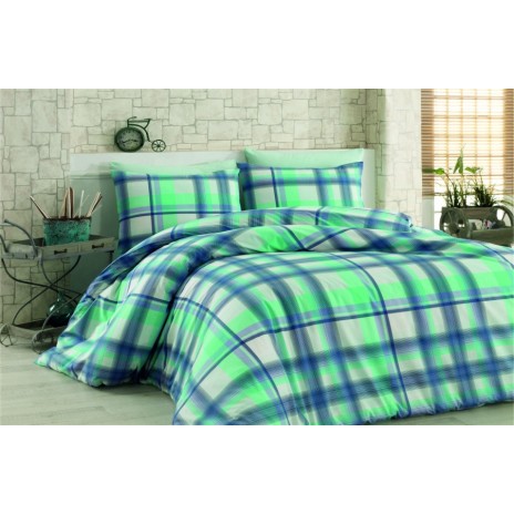 Lenjerie de pat ranforce Bahar Home Fantasia v4 cu design clasic în carouri verzi, alb și albastru