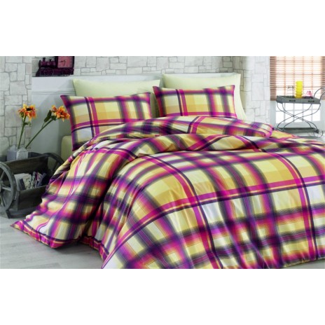 Lenjerie de pat ranforce Bahar Home Fantasia v5 cu design clasic în carouri galbene, mov și alb