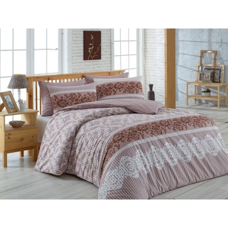 Lenjerie de pat ranforce Bahar Home Irene Brown cu design în dungi și modele florale maro și alb