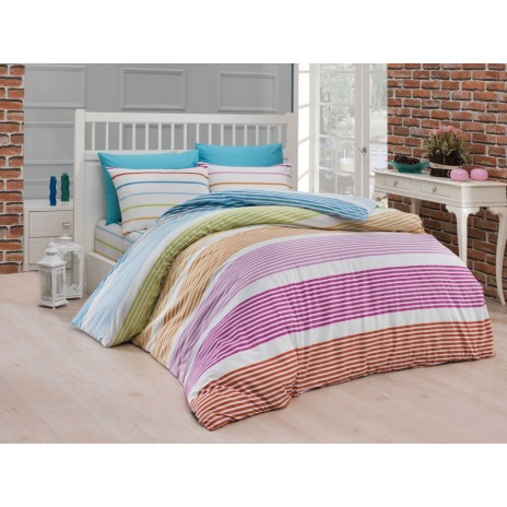 Lenjerie de pat ranforce Bahar Home Linea v1 cu design modern în dungi multicolore pe fundal alb